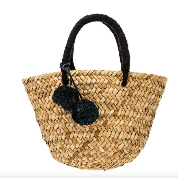KAYU Mini St Tropez Tote in Black Pom Pom Straw Wicker Beach Purse Tote - Picture 1 of 4